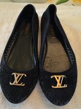 Louis Vuitton Black Suede Ballet Flats with Gold LV Buckle